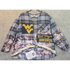OOAK Upcycle Flannel Shacket Shirt West Virginia Distressed Gift Boyfriend Sz XL